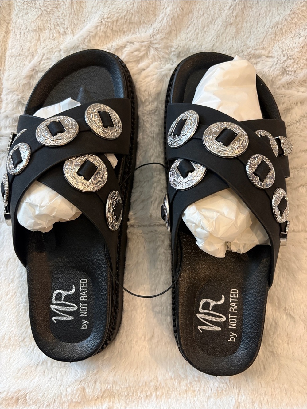 Not Rated Black Slide Sandals with Silver Stud Accents
